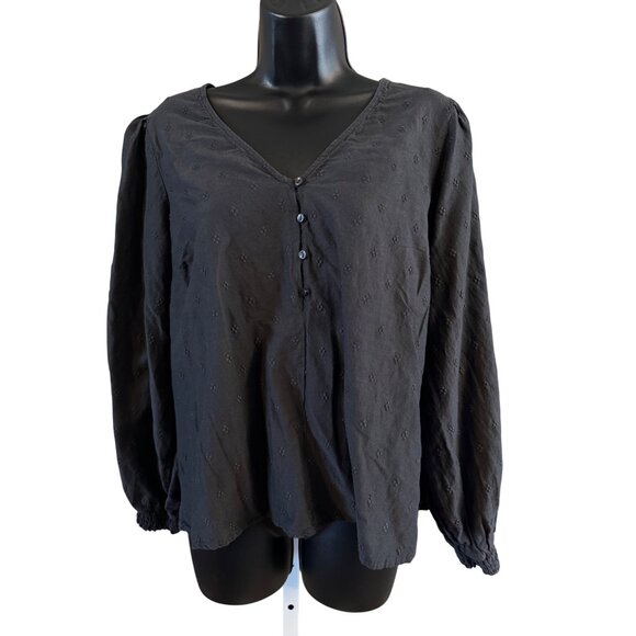 Old Navy Womens Blouse L Black Embroidered Long Sleeve V-Neck FlSoft Lightweight - Picture 1 of 8